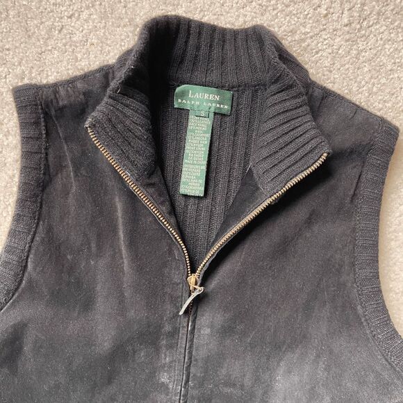 LRL LAUREN Ralph Lauren Black Suede Zip Front Merino Wool Ribbed Sweater Back Ve - Picture 1 of 7
